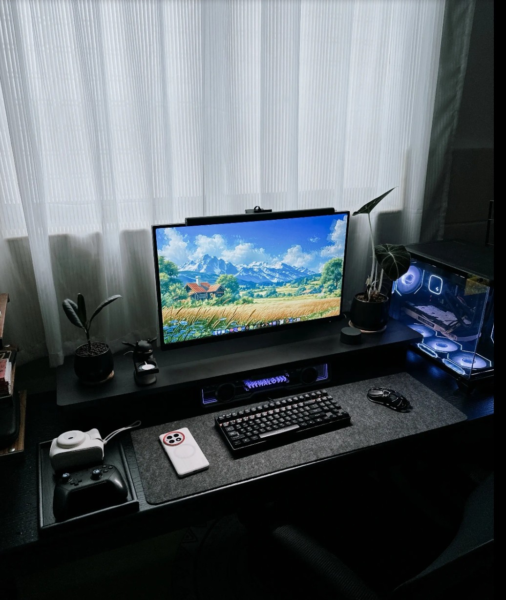 White kawaii gaming desk with LED panels