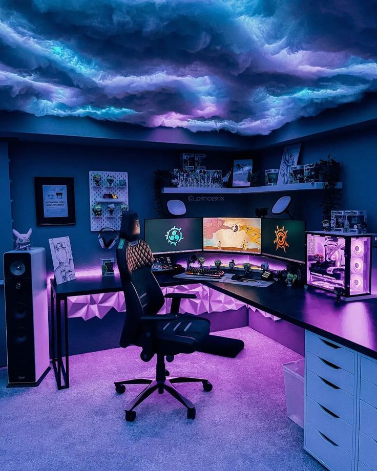 Purple anime gaming room with triple monitors