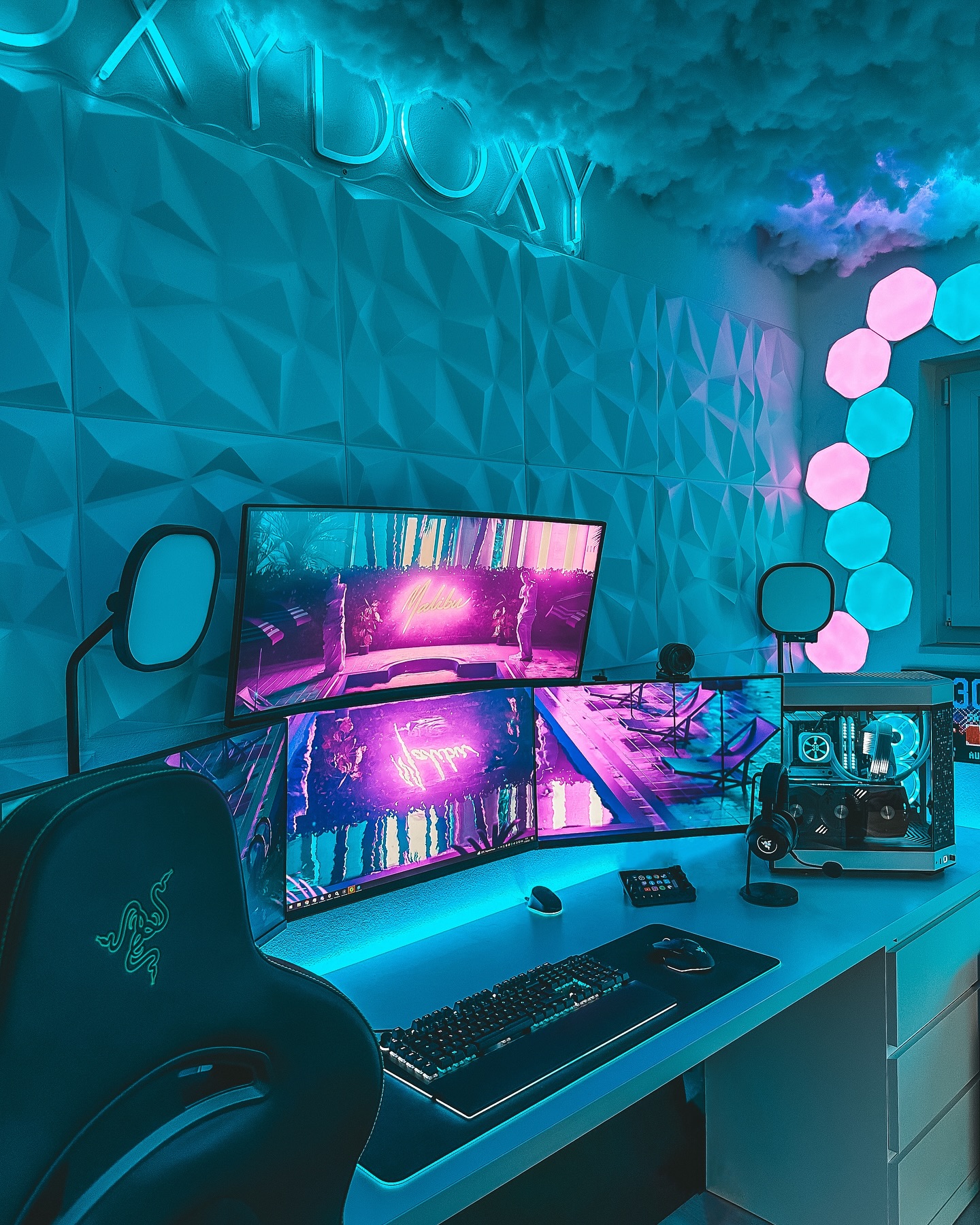 Cyberpunk gaming room with neon lights and dual curved monitors