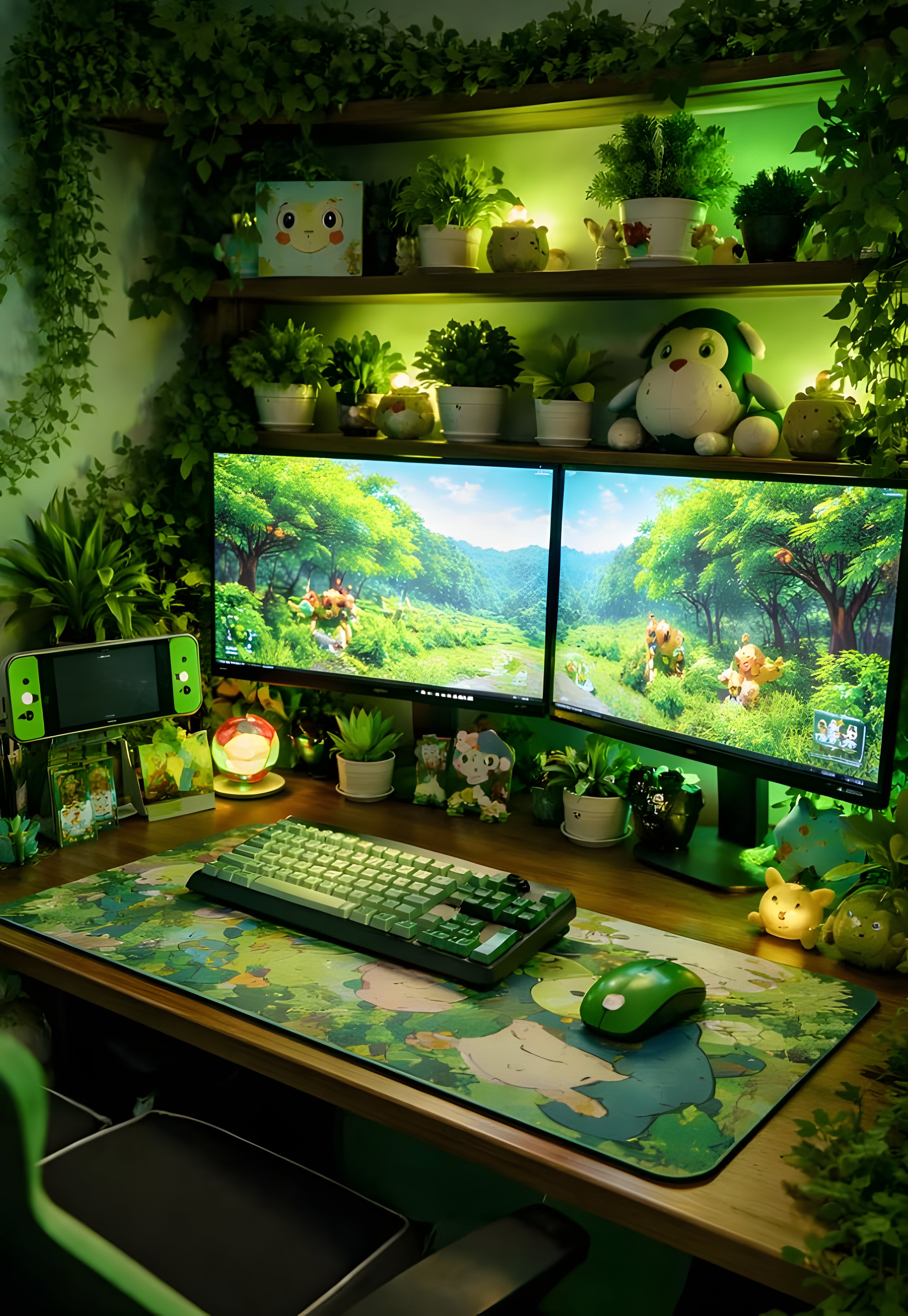 Green botanical gaming desk with plants