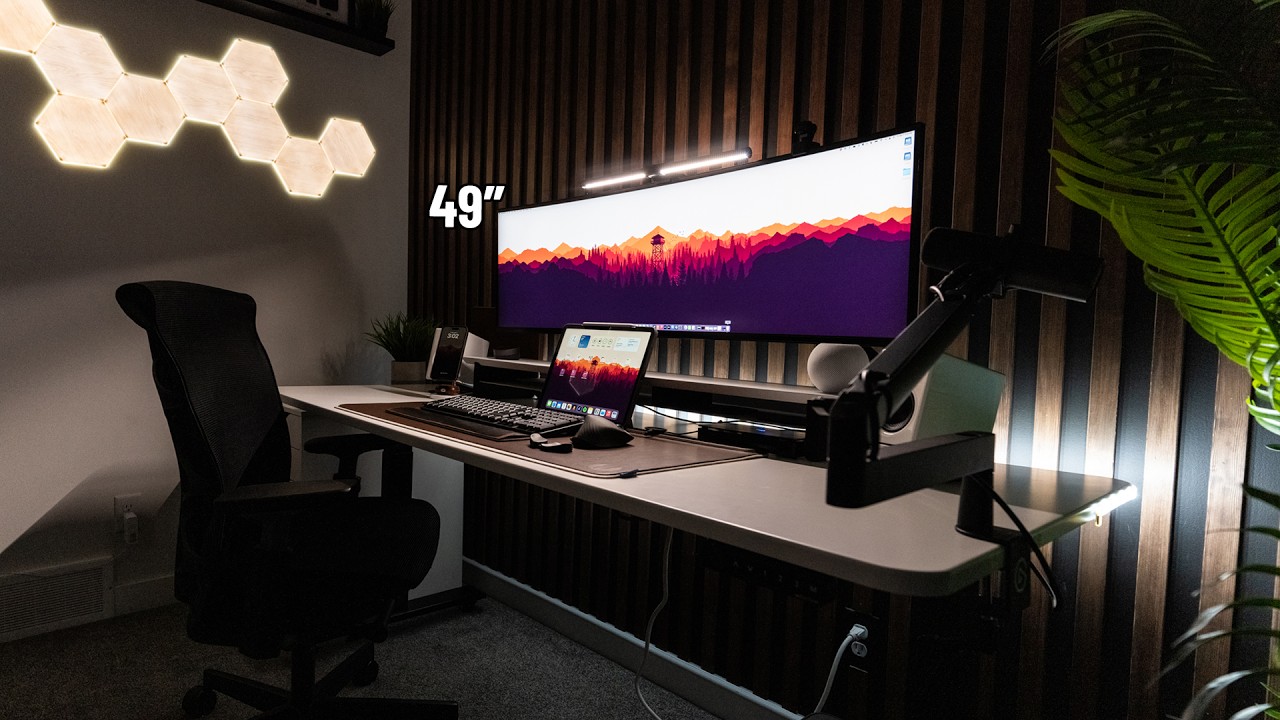 Warm ultrawide monitor desk with wood accent
