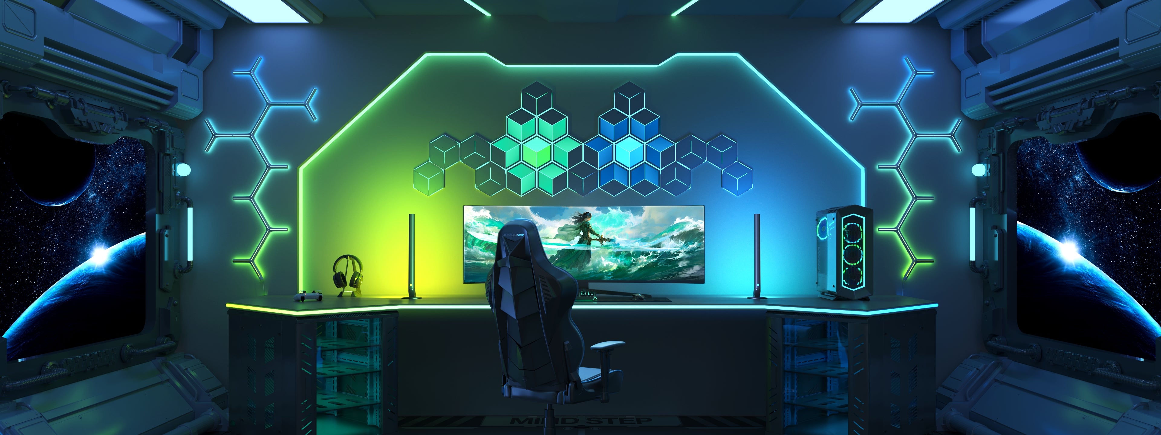 Gaming setup with ambient backlighting behind monitor